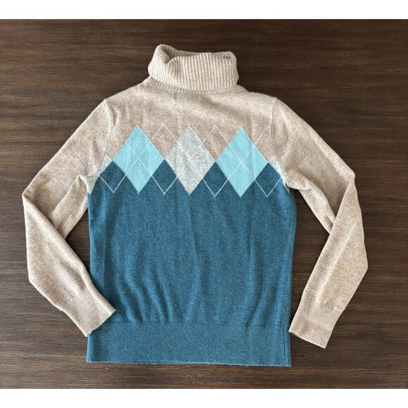 Lands End 100% Cashmere Sweater Women’s XS Beige Blue Turtleneck - Picture 2 of 7